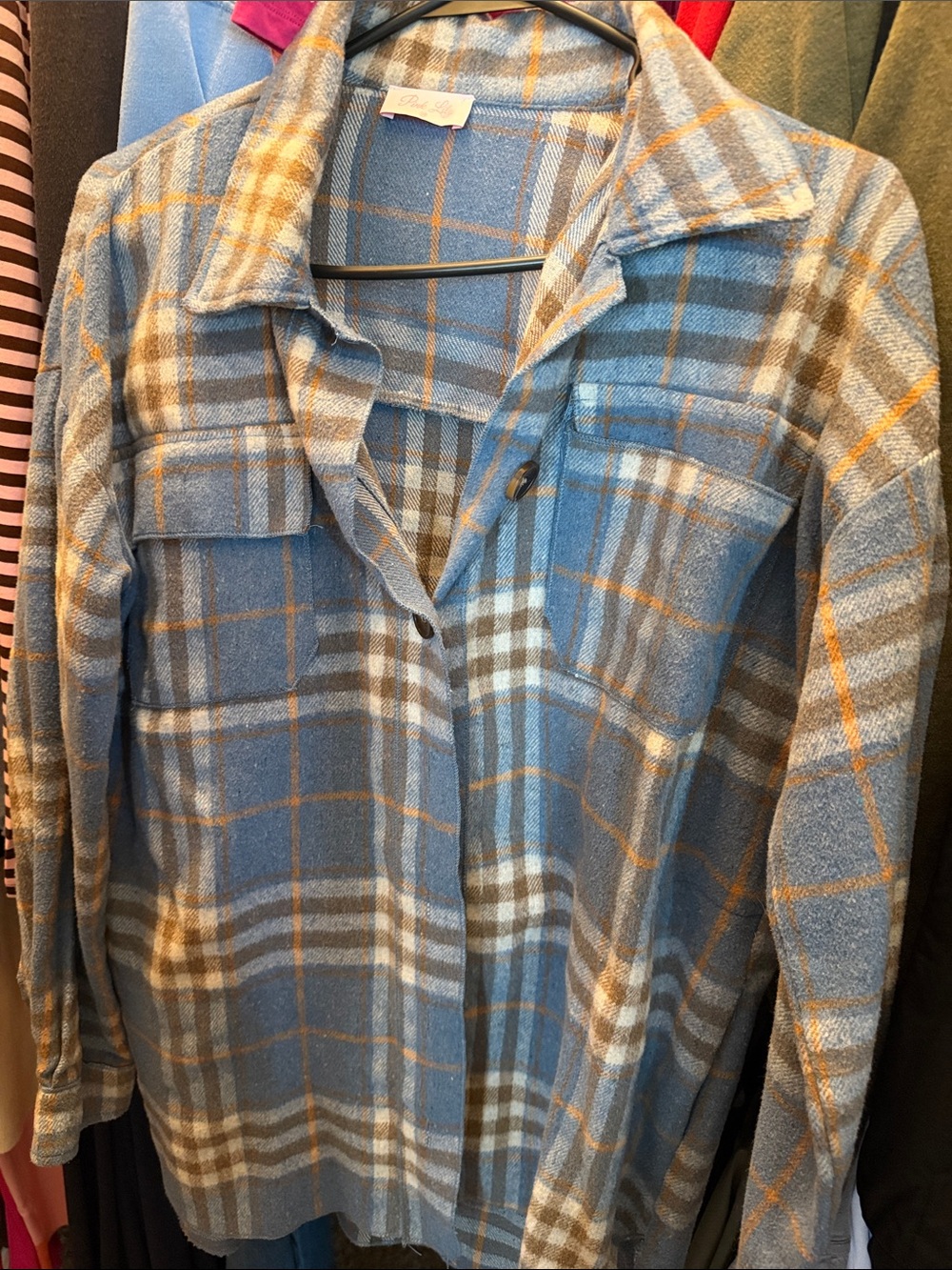 Pink Lily Blue and Tan Plaid Button-Down Shirt Jacket